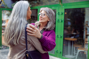 Positive senior lady embraces best friend with long grey hair meeting on modern city street. Long-time friendship relationship
