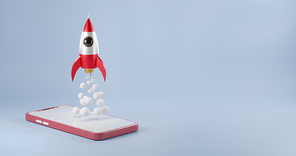 Smartphone golden model mock up red color with rocket spaceship launching from mobile phone, business startup success idea concept, 3D rendering illustration