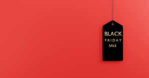 Black Friday Sale tag and the rope hanging,  Black Friday design creative present template with copy space on red background, 3D rendering illustration for advertising