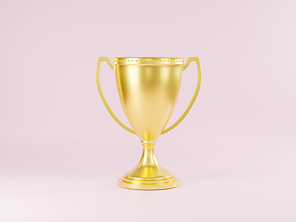 Golden trophy cup, Champion trophy, metallic shiny gold winner cup and victory, Sport game tournament award, studio shot on pink background, 3D rendering illustration