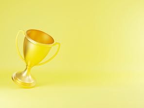 Golden trophy cup, Champion trophy, metallic shiny gold winner cup and victory, Sport game tournament award, studio shot on yellow background, 3D rendering illustration