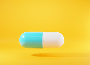 Closeup medical pill or tablet Icon on yellow background, Design template of virus capsule pills, Medical pharmacy and healthcare hospital concept, 3D rendering illustration