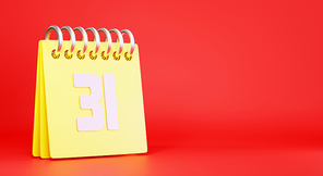 Desktop calendar against with last day year number 31, Yellow standing month lined spring desk calendar and date on red background, design element for web design, 3D rendering illustration