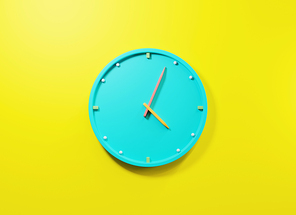 Office clock icon. Round business blue watches with time arrows hour and minutes, clock face on yellow background, design element for web design, 3D rendering illustration