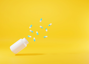 Medical pill or tablet and bottle on yellow background, Design template of virus capsule pills bounce off from bottle, Medical pharmacy and healthcare hospital concept, 3D rendering illustration