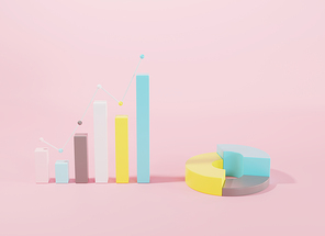 Bar and donut chart graph growth diagram Infographics elements on pink background, Business info cube and circle graphics bar table, finance web design, 3D rendering illustration