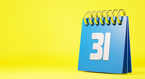 Desktop calendar against with last day year number 31, Blue standing month lined spring desk calendar and date on yellow background, design element for web design, 3D rendering illustration