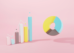 Bar and donut chart graph growth diagram Infographics elements on pink background, Business info cube and circle graphics bar table, finance web design, 3D rendering illustration