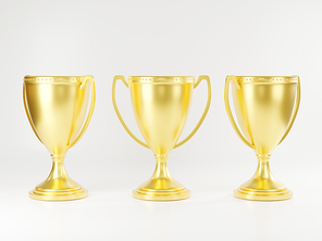 Golden trophy cup, Champion trophy, metallic shiny gold winner cup and victory, Sport game tournament award, studio shot on white background, 3D rendering illustration