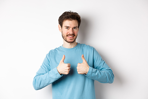 Good choice. Attractive caucasian man with beard showing thumbs up and smiling, like and approve good product, recommending something, standing on white background.