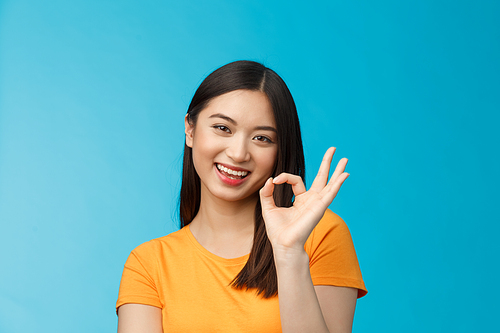 Close-up cute asian friendly girl supports your fantastic idea, smiling broadly, show okay ok sign approval, accept terms, agree take part event, stand blue background satisfied, judging nice work.