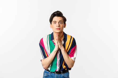 Image of hopeful young man begging for help, staring at camera and pleading for favour, asking advice, standing over white background.