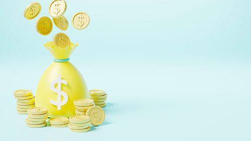 Money bag with stack coins dollar icon, moneybag savings money or cash sack on blue background, finance earnings profit, 3D rendering illustration