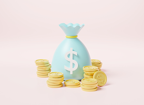 Money bag with stack coins dollar icon, moneybag savings money or cash sack on pink background, finance earnings profit, 3D rendering illustration