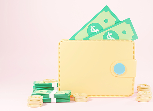 Wallet with coins and banknote dollar, Money online payment saving business success icon on pink background, investment finance, cash back full purse, 3D rendering illustration