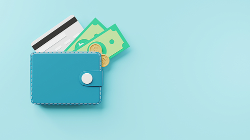 Leather wallet with credit cards, coins and banknote bill inside icon on blue background, finance money saving concept, shopping online payment transfer, web elements design, 3D render illustration