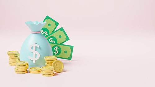 Money bag with stack coins and dollar banknote icon, moneybag savings money or cash sack on pink background, finance earnings profit, 3D rendering illustration