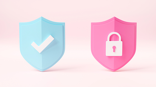 Protection padlock abstract shield security with lock data symbol icon on pink background, Firewall access internet privacy sign, secure network web emblem template, 3D rendering illustration