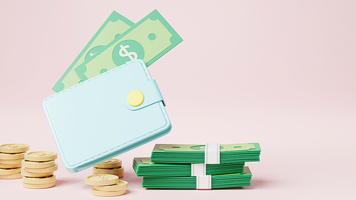 Wallet with coins and banknote dollar, Money online payment saving business success icon on pink background, investment finance, cash back full purse, 3D rendering illustration