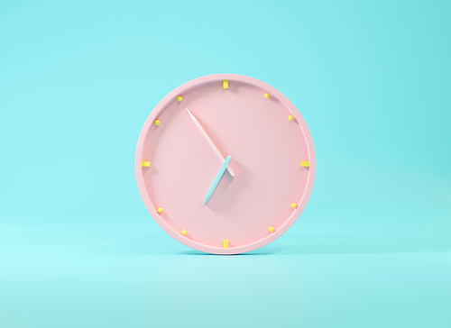 Office clock icon. Round business pink watches with time arrows hour and minutes, clock face on blue background, design element for web design, 3D rendering illustration