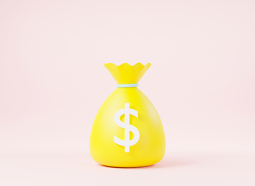 Money bag with dollar icon cash, Canvas money sacks, business and finance, return on investment sign concept, moneybag simple cartoon on pink background, 3D rendering illustration
