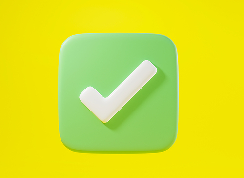 Green tick check mark symbols icon element. Yes shape button for correct sign in square approved, Simple mark graphic design on yellow background, right checkmark symbol, 3D rendering illustration
