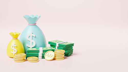 Money bag with stack coins and dollar banknote icon, moneybag savings money or cash sack on pink background, finance earnings profit, 3D rendering illustration