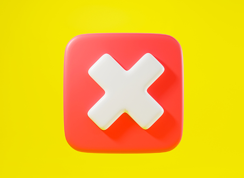 Red cross mark symbols icon element. Symbol No or X shape button for correct sign in square not approved, Simple mark graphic design on yellow background, stop symbol, 3D rendering illustration