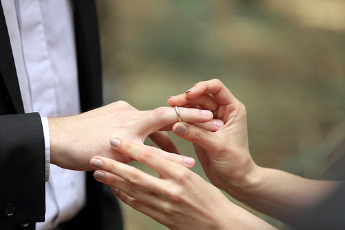 close up. the couple exchanging wedding rings.