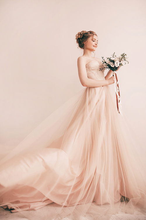 happy bride in a luxurious wedding dress. photo with copy space