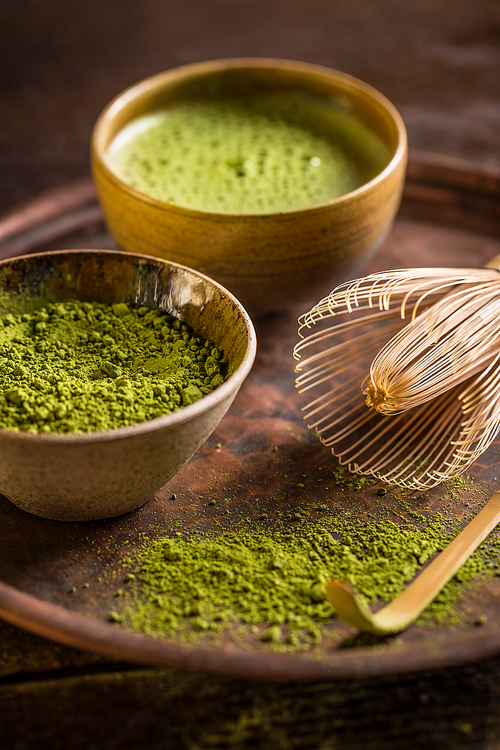 Japanese tea ceremony setting, matcha tea and green tea utensils