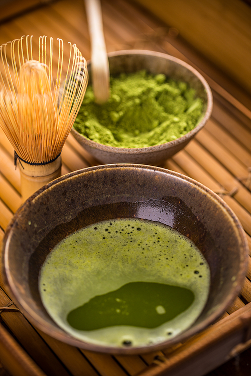 Japanese traditional tea set with powdered green tea, matcha
