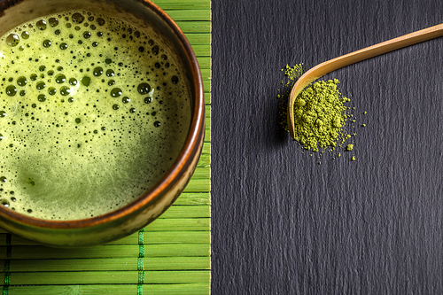 Green tea in bowl and tea powder with matcha spoon