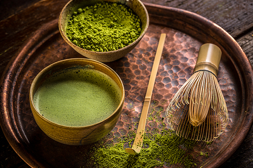 Japanese traditional tea set with powdered green tea, matcha