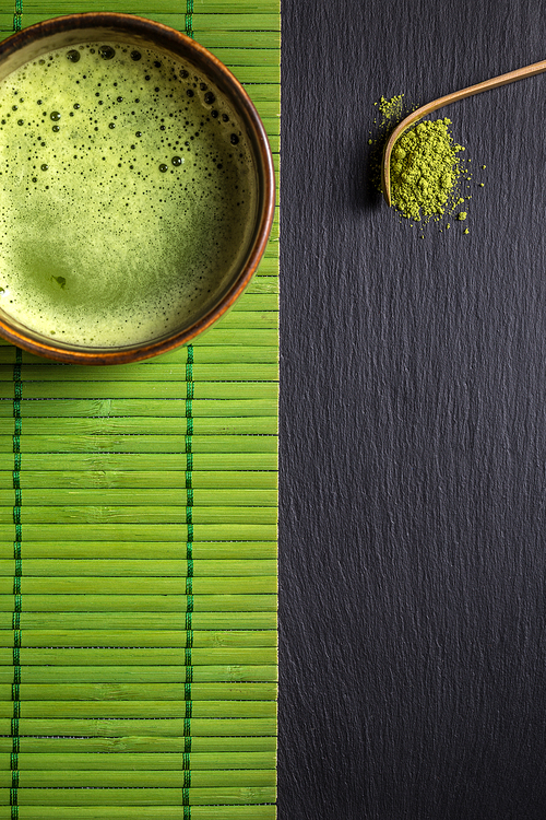 Matcha tea and spoon with space for text