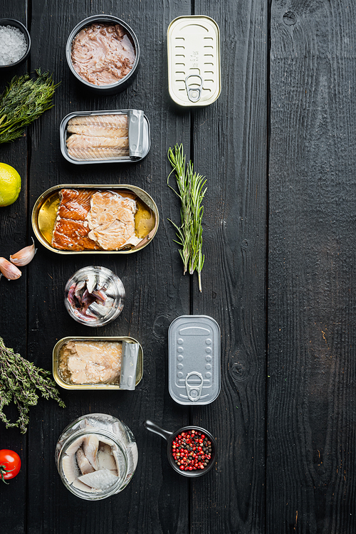 Salmon, tuna, trout mackerel and anchovy - Canned fish in tin cans set, on black wooden table background with herbs and ingredients, top view flat lay, with copyspace  and space for text