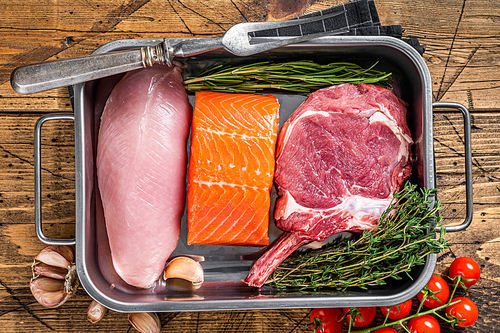 Protein diet - raw meat steaks salmon, beef or veal and turkey breast fillet. Wooden background. Top view.