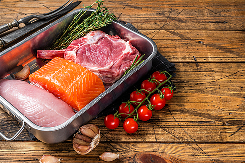 Protein diet - raw meat steaks salmon, beef or veal and turkey breast fillet. Wooden background. Top view. Copy space.