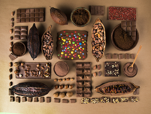 Chocolate Collection, Cocoa pod, candy sweet, dessert on natural paper background