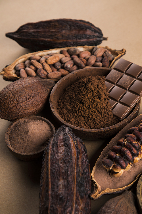 Cocoa pod and chocolate bar and food dessert background