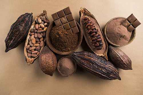 Cocoa pod and chocolate bar and food dessert background
