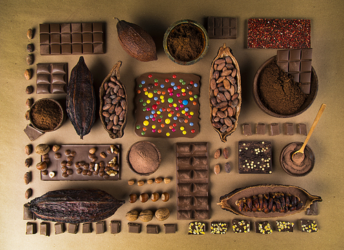 Chocolate Collection, Cocoa pod, candy sweet, dessert on natural paper background
