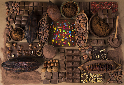 Bars Chocolate, candy sweet, dessert food on natural paper background