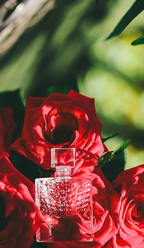 Eau de toilette or perfume and red roses, perfumery as luxury gift, beauty flatlay background and cosmetic product ad.