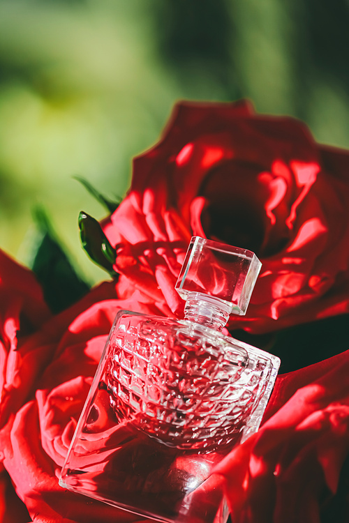Perfume, roses and sunlight, perfumery as luxury gift, beauty flatlay background and cosmetic product ad.