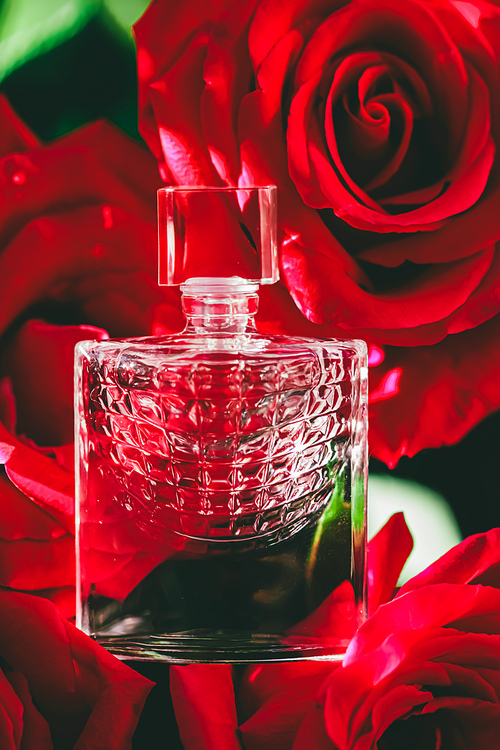 Perfume and red rose, perfumery as luxury gift, beauty flatlay background and cosmetic product ad.