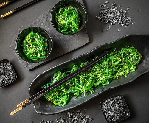 Top view of seaweed salad or chuka wakame, Japanese food