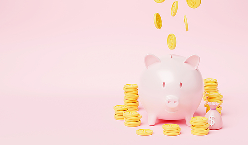 Piggy bank with coin money raining falling to piggy on pink background, fat pig saving or accumulation of money investment moneybox, 3D rendering illustration