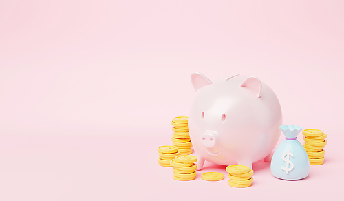 Piggy bank with coin stack and money bag on pink background, fat pig saving or accumulation of money investment moneybox, 3D rendering illustration