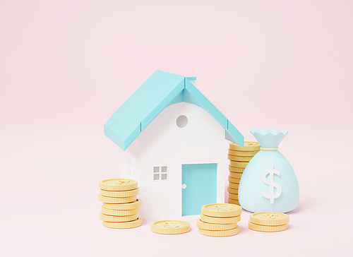 House, coins and money bags on pink background, Property Investment real estate business concept, home purchase and fund, minimal cartoon 3D rendering illustration